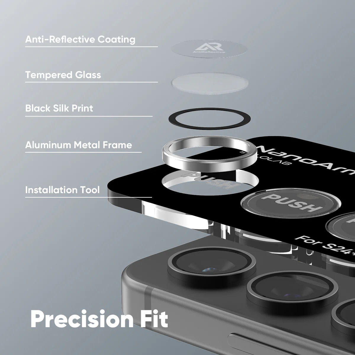 FLOLAB NanoArmour for Samsung Galaxy S24 Camera Lens Protector, Tempered Glass, Aluminum Camera Ring, Anti Reflective TruColors Crystal Clear - Image 8